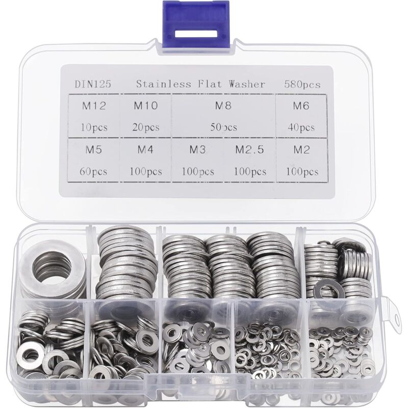 Edelstahl-unterlegscheiben Mit Aufbewahrungsbox (580er Set) - Sortiment Aus 9 Größen M2, M2.5, M3, M4, M5, M6, M8, M10 & M12 - Metall-unterlegscheiben-set - Für Reparaturen, Werkstätten & Innendekorat