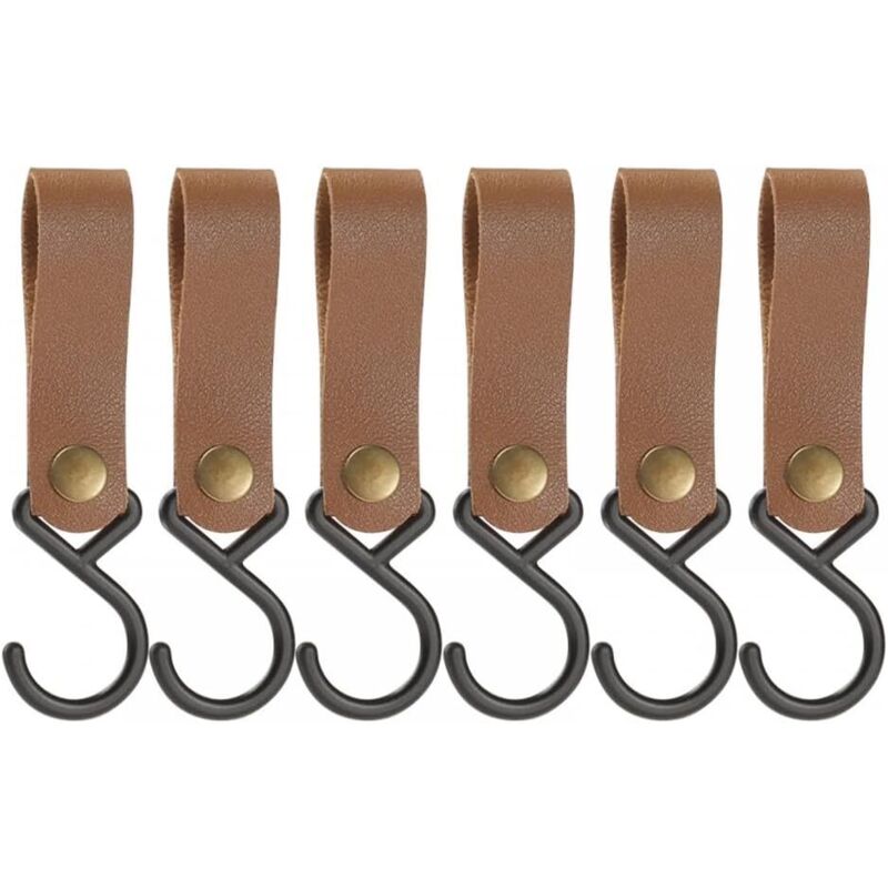 6er Set S-haken Aus Leder, Edelstahl S-haken Zum Aufhängen Von Töpfen, Pfannen, Kaffeetassen, Kleidung, Outdoor-utensilien (khaki)