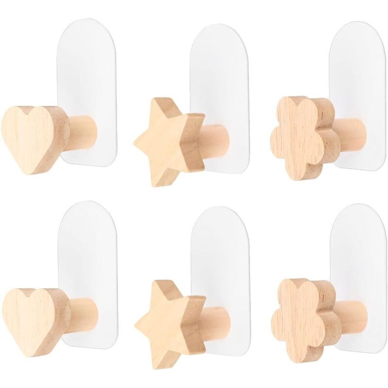 6er Set Selbstklebende Wandhaken Aus Holz Für Kinder – Ohne Bohren – Für Mantel, Mütze, Schal, Hut, Tasche