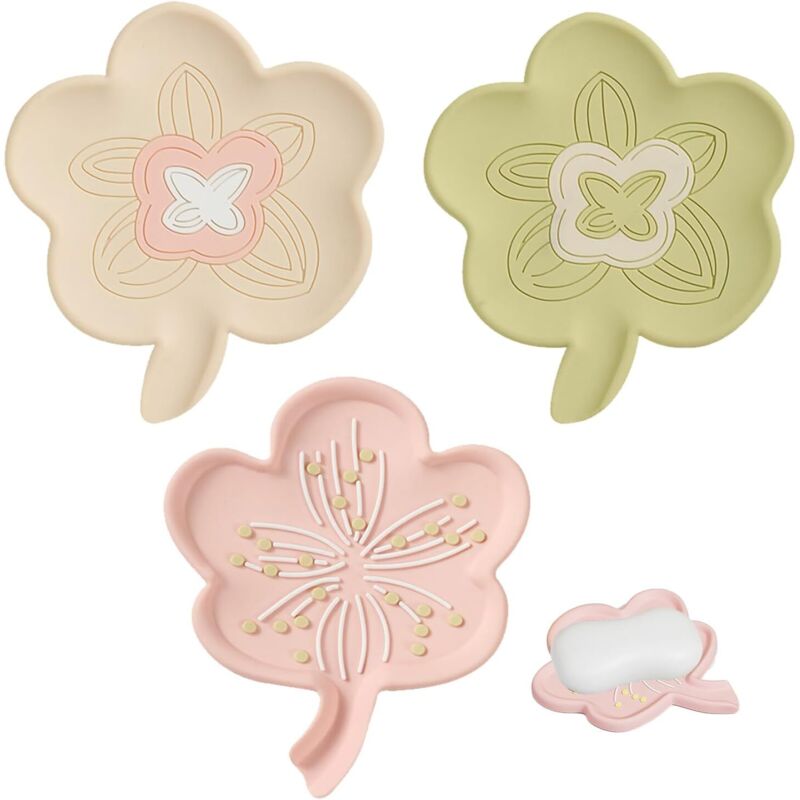 3 Stück Silikon-seifenschalen Mit Ablauf, Rutschfeste Seifenbox, Tragbarer Floraler Seifenhalter, Geeignet Für Bad Und Küche (beige Grün Rosa)