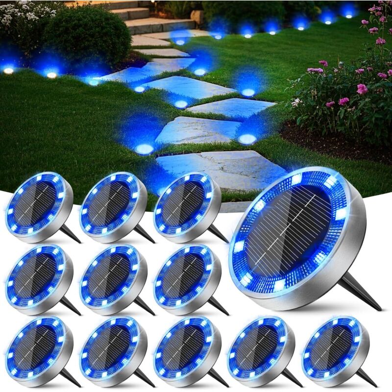 Solarleuchten Im Boden, 12er Pack, Solar-außenbeleuchtung Für Den Garten Mit 8 Leds, Wasserdichte Solare Spotlights Für Terrasse, Wege, Pfade, Rasen, Hof Und Pool, Blau