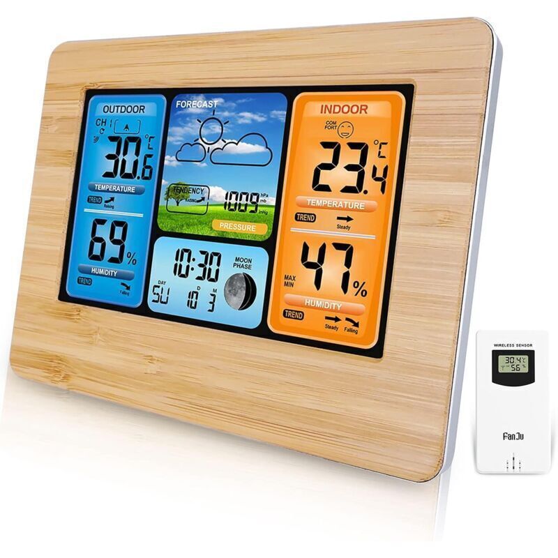 Kabellose Wetterstation, Digitale Wetterstation Mit Thermometer, Alarm Und Luftfeuchtigkeit, Barometer, Wetteruhr Mit Mondphasenanzeige Und Außensensor (gelb)