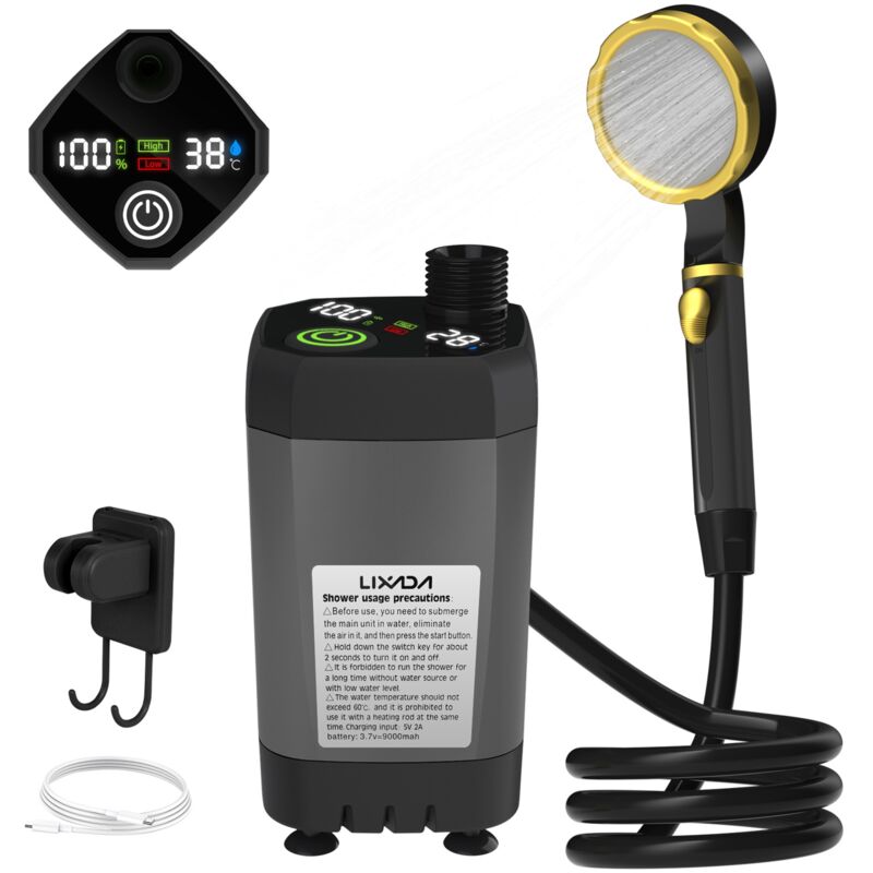 Tragbare Camping-dusche, Verbesserte Außendusche Mit 9000mah-akku & Pumpe Für Strand, Wandern, Autowäsche, Grau