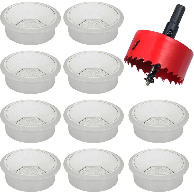 10er-set 60-mm-kabeldurchführungen Mit Lochsäge, Runde Kabelabdeckungen, Kabelorganizer Für Zuhause Und Büro, Grau