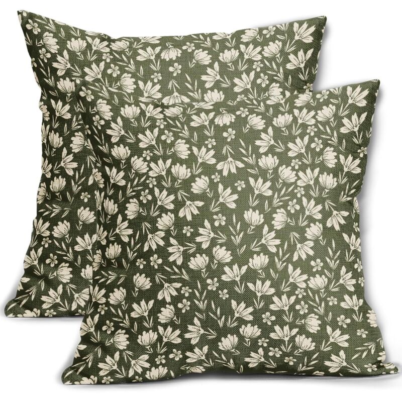2er-set Olivgrüne Kissenbezüge 45 X 45 Cm, Rustikales Blumenmuster, Niedlicher Blumendruck, Dekorative Kissenhüllen Für Draußen, Sofa, Couch Und Bett, 45 X 45 Cm