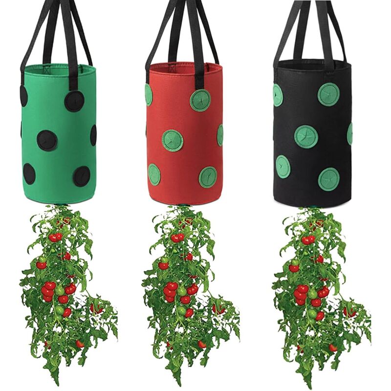 Set Aus 3 Hängenden Pflanzsäcken Für Tomaten, Erdbeeren Und Buntes Gemüse, Verkehrt Herum Mit 12 Pflanzlöchern Und Griff, Hängesack Für Tomaten, Paprika, Haus, Garten