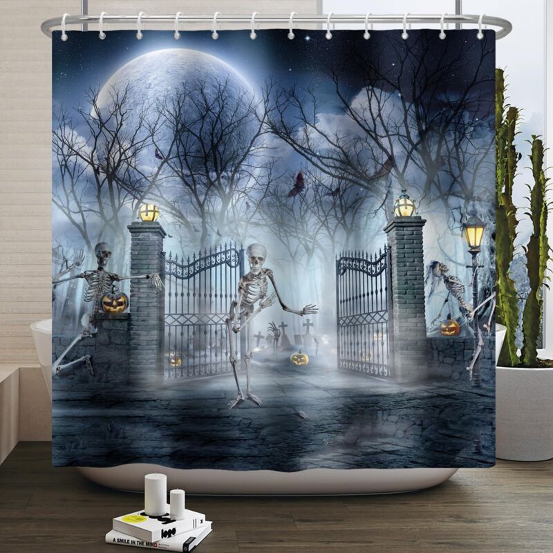 Gothischer Halloween-duschvorhang, 2-teilig (120 X 180 Cm) – Lustiger Schädel, Gruseliges Gespenst, Schloss Im Wald Bei Mondschein – Polyester-badezimmerdekoration Mit Haken