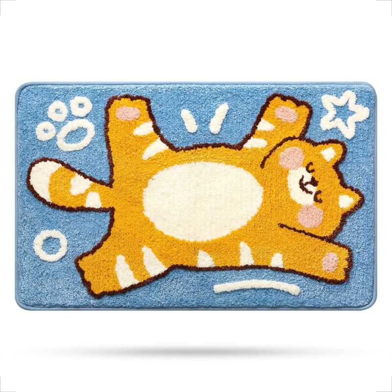 Niedlicher Katzenförmiger Badteppich - Rutschfest - Weich - Aus Mikrofaser - Wasserabsorbierend - Für Kinderzimmer, Schlafzimmer, Küche - Orange Getigerte Katze - 40 X 60 Cm
