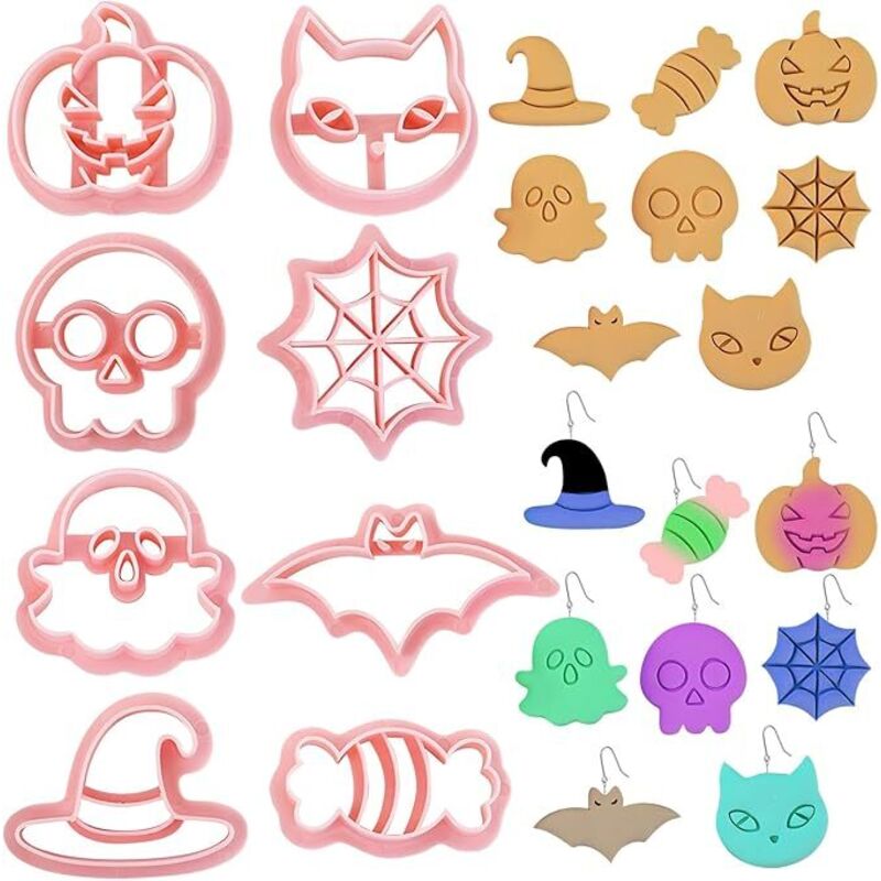 Set Aus 8 Polymer-ton-ausstechformen Für Halloween, Einstufiges 3d-relief-motiv Mit Kürbis Und Geist, Zum Glasieren, Dekorieren Oder Zur Schmuckherstellung, Halloween-keksausstecher