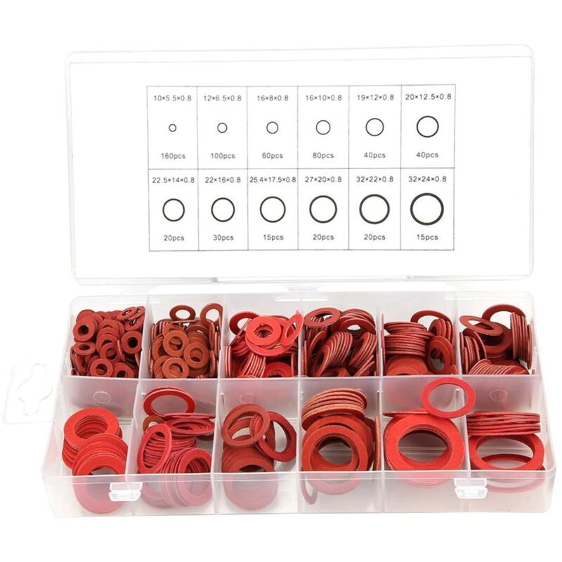 Joint Faser Sortiment, 600 Stück, 12 Größen, Kabeldurchführungen, Dichtungsset, Isolierscheiben Aus Papier Und Rotem Stahl, Mit Box