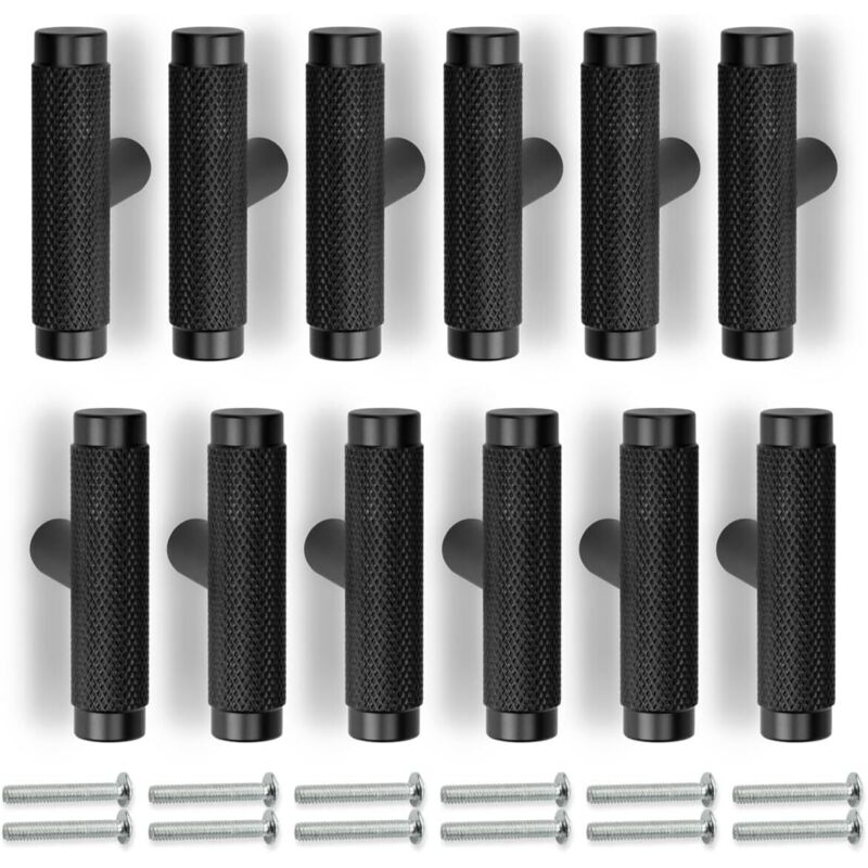 Satz Von 12 Schwarzen Gerändelten Griffen, 50 Mm, Für Möbel, Schubladen, Schränke