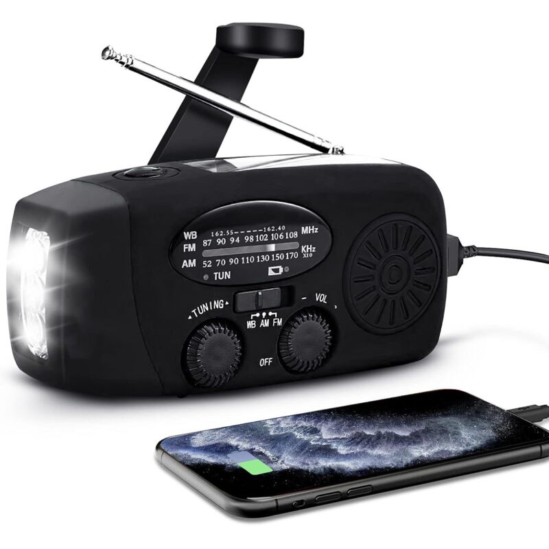 Tragbares Solar-radio Am/fm/noaa – Kurbel Und Akku – 2000-mah-ladegerät – Wasserdicht Nach Ipx3 – 60-lumen-led-lampe - 3-led