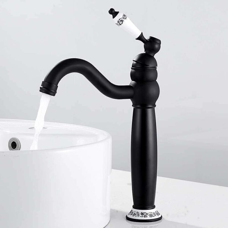 Schwarzer, Hoher Retro-waschtischmischer – 360° Drehbarer Messingmischer – Einhebelgriff Mit Keramikventil – Elegantes Vintage-design