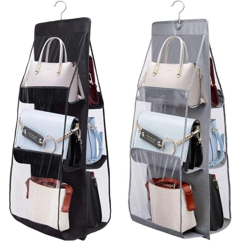 2er-pack Hängender Handtaschen-organizer Mit 6 Fächern, Kleiderschrank-aufbewahrungstasche, Hängender Schrankorganizer, Faltbar (schwarz+grau)