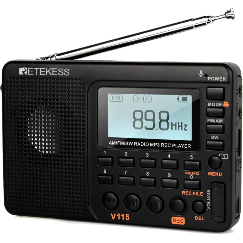 (noir) V115 Tragbares Radio, Kleines Wiederaufladbares Radio, Fm Am Sw, Batterie- Und Netzbetrieb, Tf-karte, Recorder, Mp3, Schlaf-timer, Badezimmer, Küche