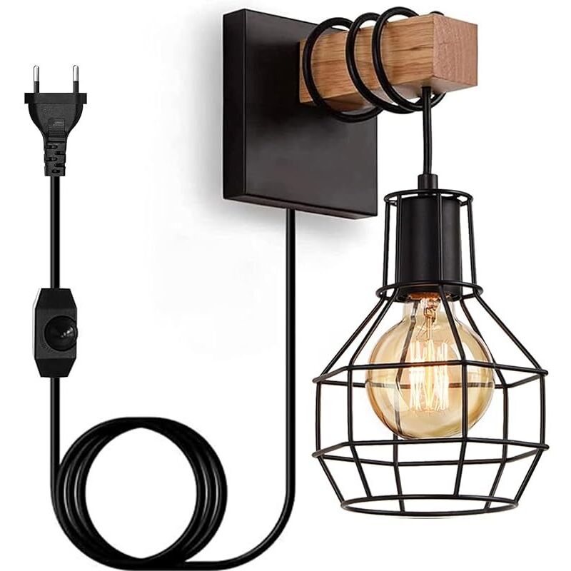 Vintage Holz Wandlampe Für Innenräume, E27 Retro Dimmbare Wandleuchte Mit Steckdose Und Schalter, Industrielle Nachttischlampe Mit Metallkäfig Für Schlafzimmer, Wohnzimmer, Treppenhaus, Schwarz (ohne