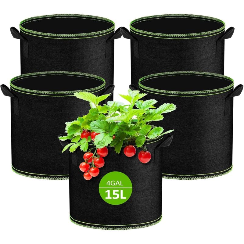 5er-set 15l Pflanzsäcke Aus Vliesstoff, Pflanztaschen Aus Stoff Mit Griffen, Wiederverwendbare Anzuchtsäcke Für Tomaten, Karotten, Erdbeeren, Gemüse Und Blumen