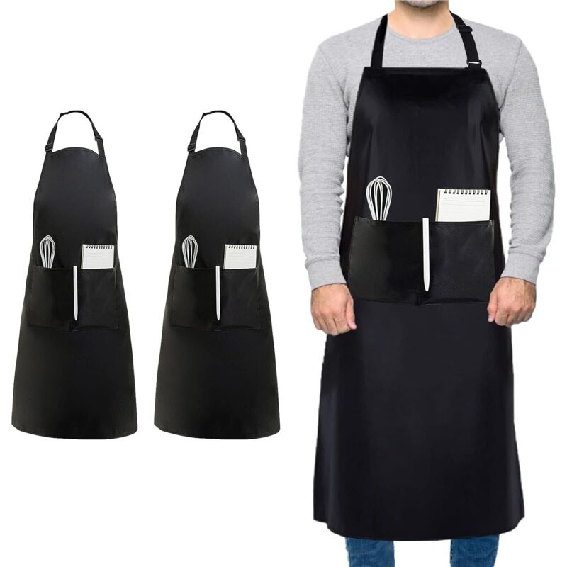 2 Stück Chefkochschürze In Übergröße, Unisex Schwarze Schürze, Wasserdichte Schürze Mit 2 Taschen Zum Kochen, Grillen, Arbeiten, Professionelle Schürze Für Kellner, Künstler, Friseur (große Größe)