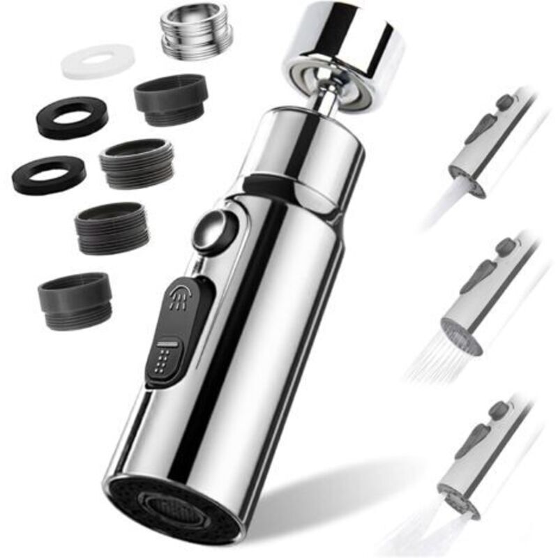Wasserhahn-luftmischer, 360° Drehbarer Küchenwasserhahn-aufsatz Mit 3 Duschmodi, Wassersparender Perlator-adapter Für Badezimmer-waschbecken (silber)