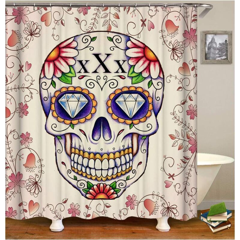 Duschvorhang 90x180cm, 3d-druck, Schimmelresistent, Wasserdicht, Mit Blumen- Und Totenkopfmotiv Für Badewanne Und Badezimmer