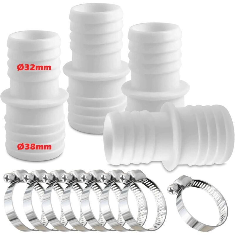 Satz Von 4 Pool-schlauchverbindern, Schlauchverbinder Mit Schellen, Ø 32 Mm Auf 38 Mm Durchmesser Mit 8 Schellen, Pool-schlauchadapter, Schlauchadapter