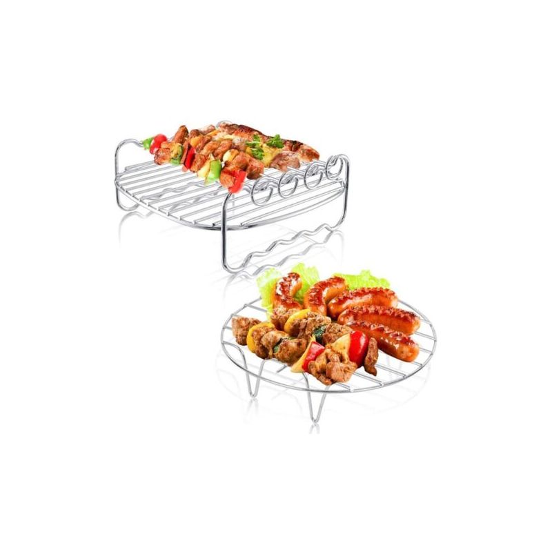 2 Stück Zubehör Für Heißluftfritteusen, 7 Zoll Multifunktionale Zweischichtige Halterung Mit Spieß, Gitter Für Heißluftfritteusen Mit 4 Grillspießen Für Alle Marken Von Heißluftfritteusen