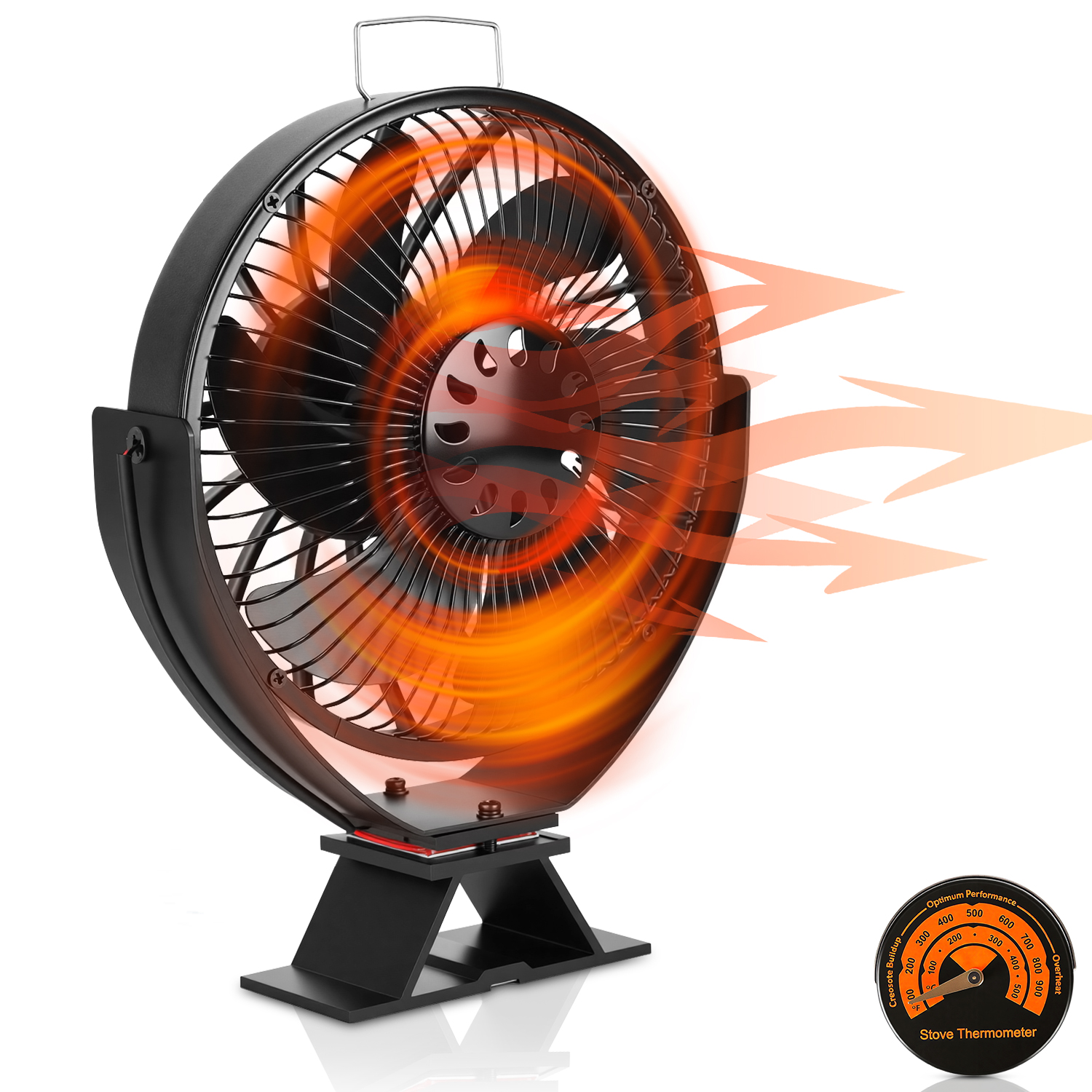 Wolketon Kaminofen Ventilator 6 Flügel Mit Verstellbarem Neigungswinkel Und Schutzgitter, Schwarz