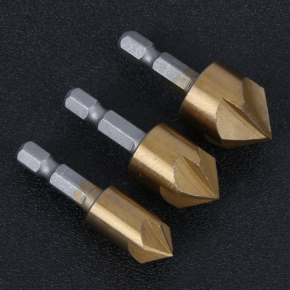 Set Mit 3 Fasenfräsern Für Die Holzbearbeitung, Hss Gold, Sechskantstange, 5 Schneiden, 90°, 12–19 Mm