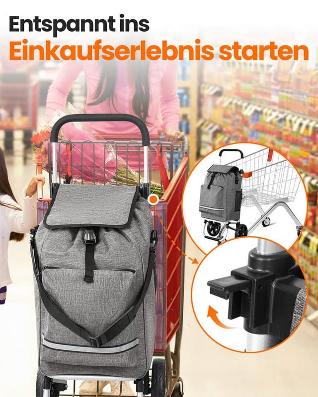 HOMECALL Einkaufstrolley klappbar Einkaufswagen 3 in 1 Shopping Trolley Mit Kühltasche-55L, Bis 50KG mit 50L + 5L kühlfunktion Einkaufstasche mit Rollen