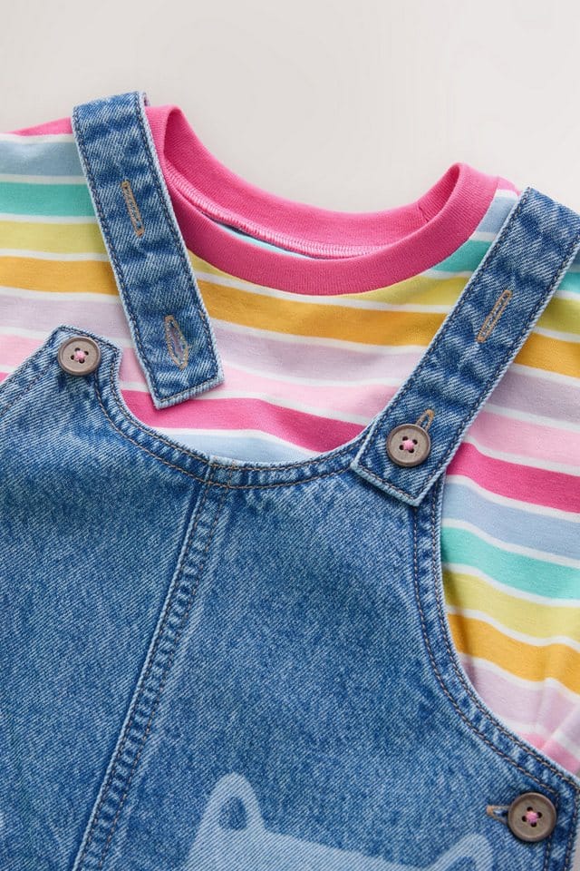 Next Playsuit Denim-Latzhose mit Katzen-Print und T-Shirt (2-tlg)
