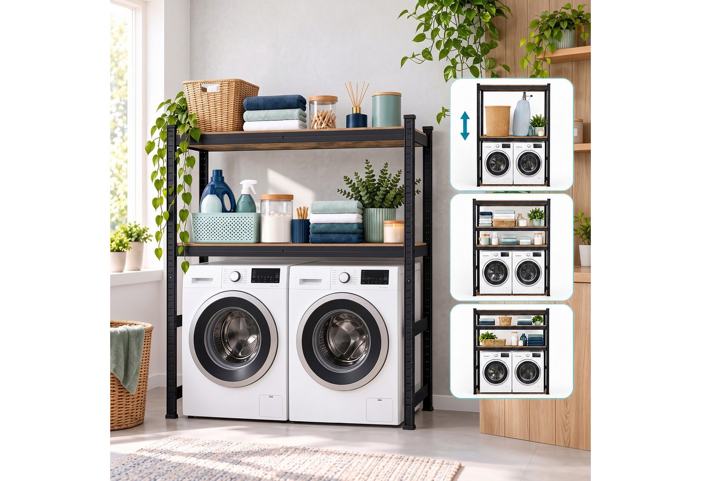 Relaxdays Waschmaschinenregal, Hxbxt: 180 X 130 X 60 Cm, 3 Böden, 600 Kg, Stahl, Mdf, Stecksystem, Regal, Schwarz/braun