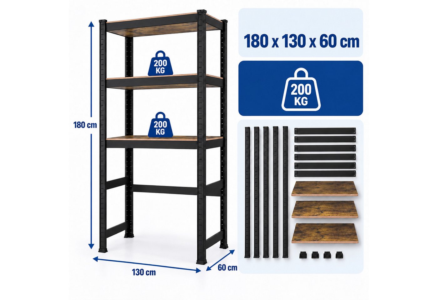Relaxdays Waschmaschinenregal, Hxbxt: 180 X 130 X 60 Cm, 3 Böden, 600 Kg, Stahl, Mdf, Stecksystem, Regal, Schwarz/braun Bild 3