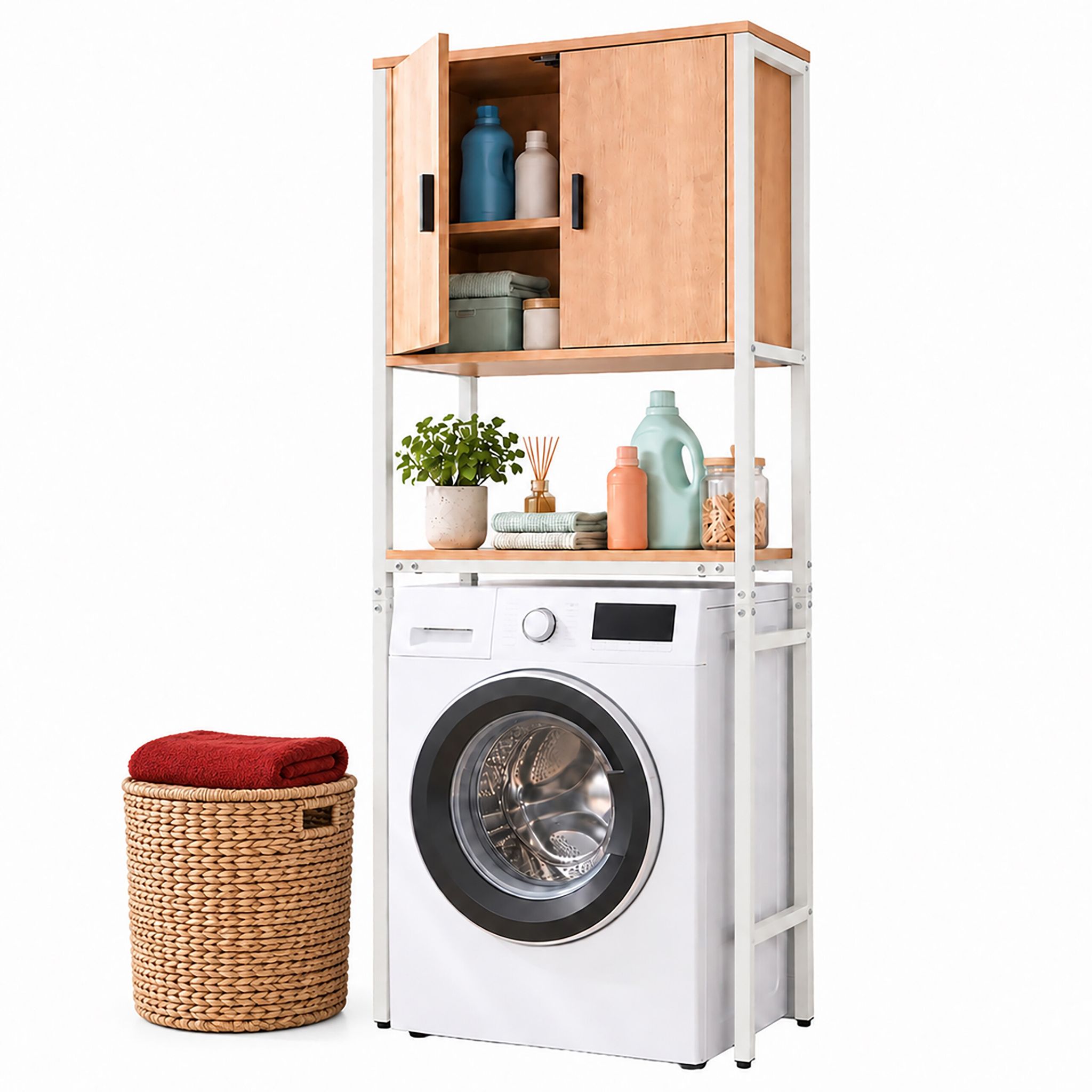 Relaxdays Waschmaschinenschrank, 3 Fächer, Regal Über Waschmaschine, Trockner, Toilette, Hxbxt: 170x64x27 Cm, Weiß/natur