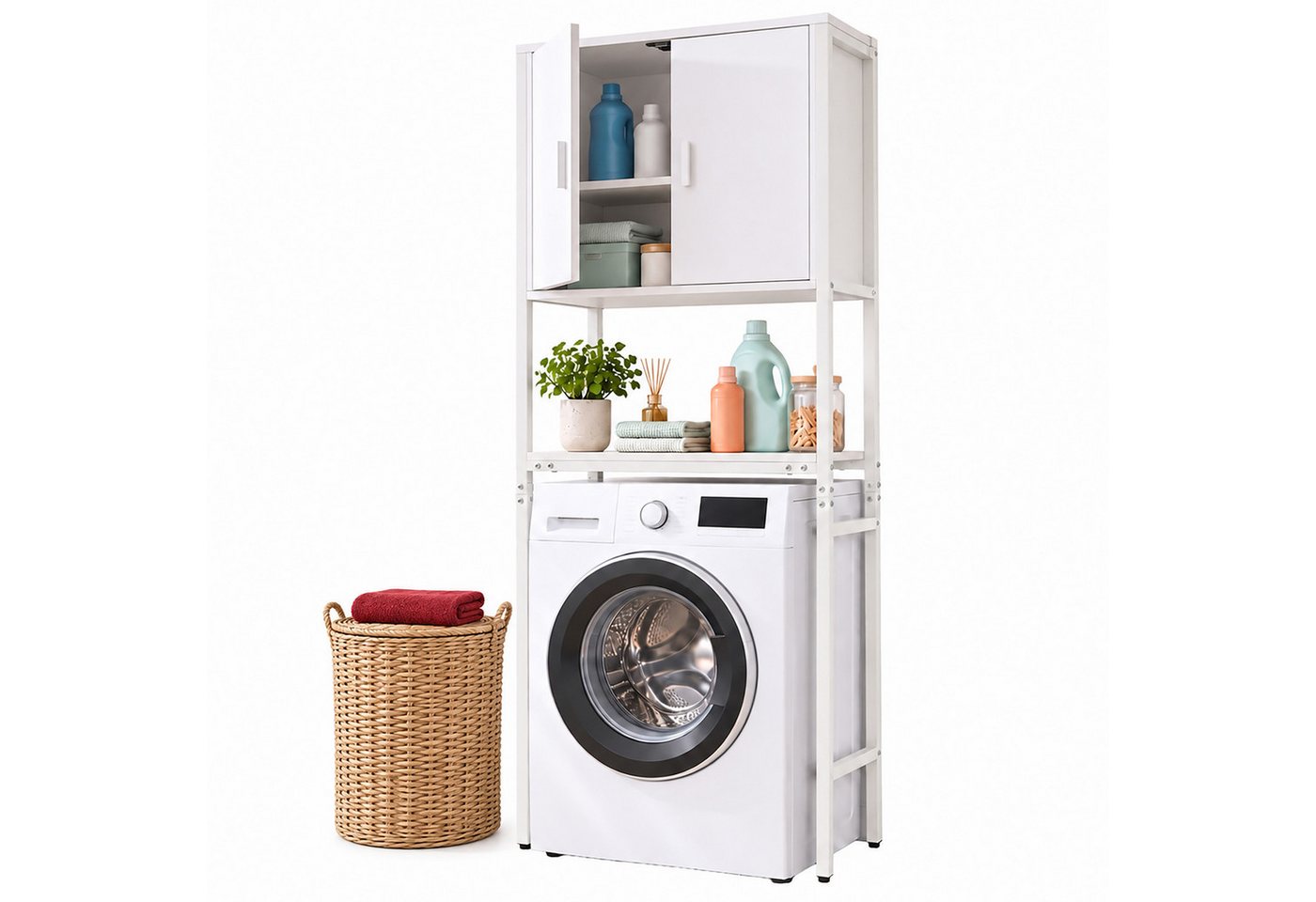 Relaxdays Waschmaschinenschrank, 3 Fächer, Regal Über Waschmaschine, Trockner, Toilette, Hxbxt: 170 X 64 X 27 Cm, Weiß Bild 3