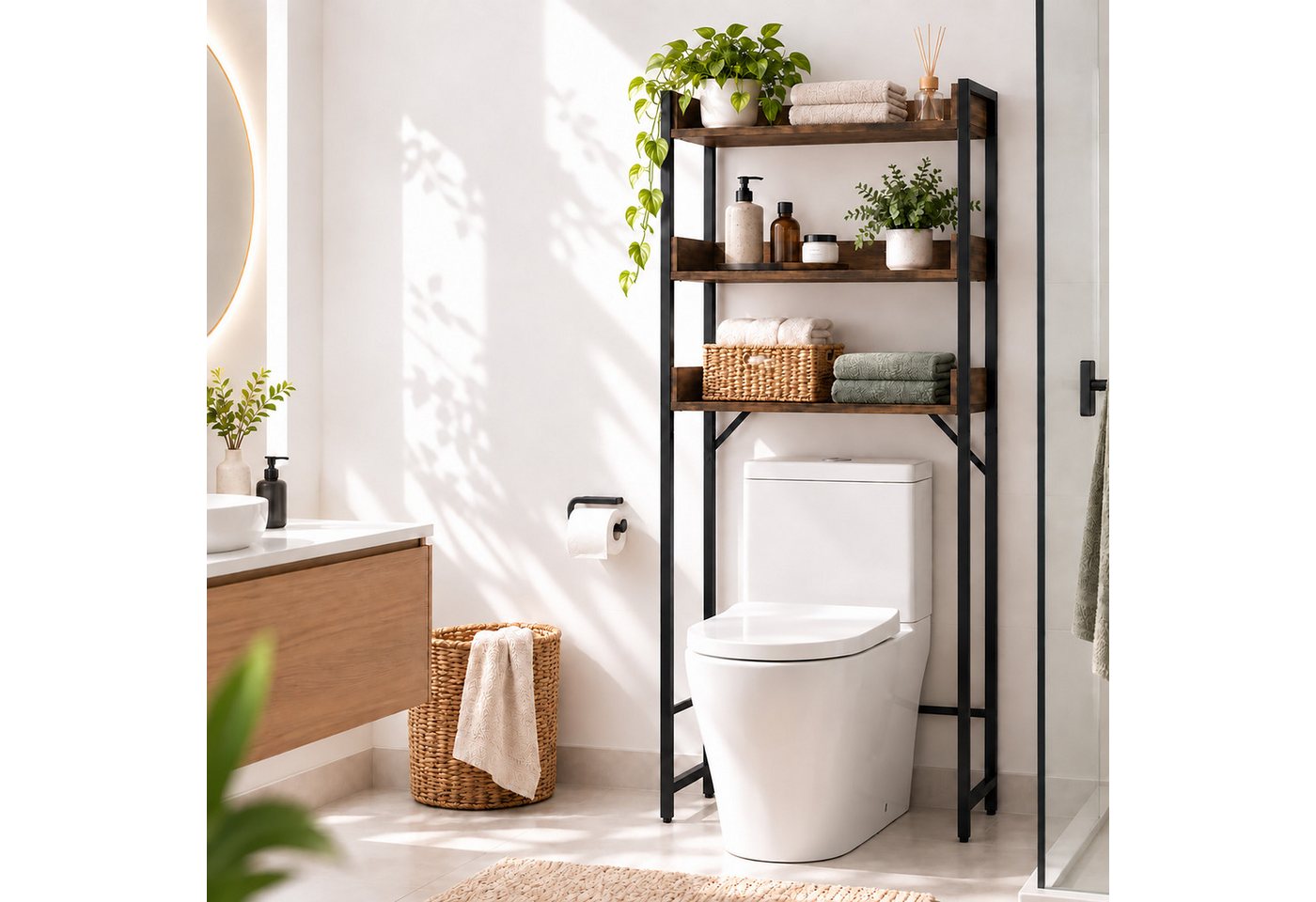 Relaxdays Waschmaschinenregal, 3 Fächer, Regal Über Waschmaschine, Trockner, Toilette, Hbt 166x63x25 Cm, Braun/schwarz