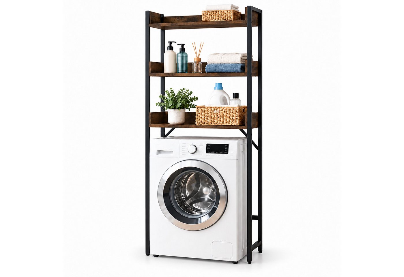 Relaxdays Waschmaschinenregal, 3 Fächer, Regal Über Waschmaschine, Trockner, Toilette, Hbt 166x63x25 Cm, Braun/schwarz Bild 3