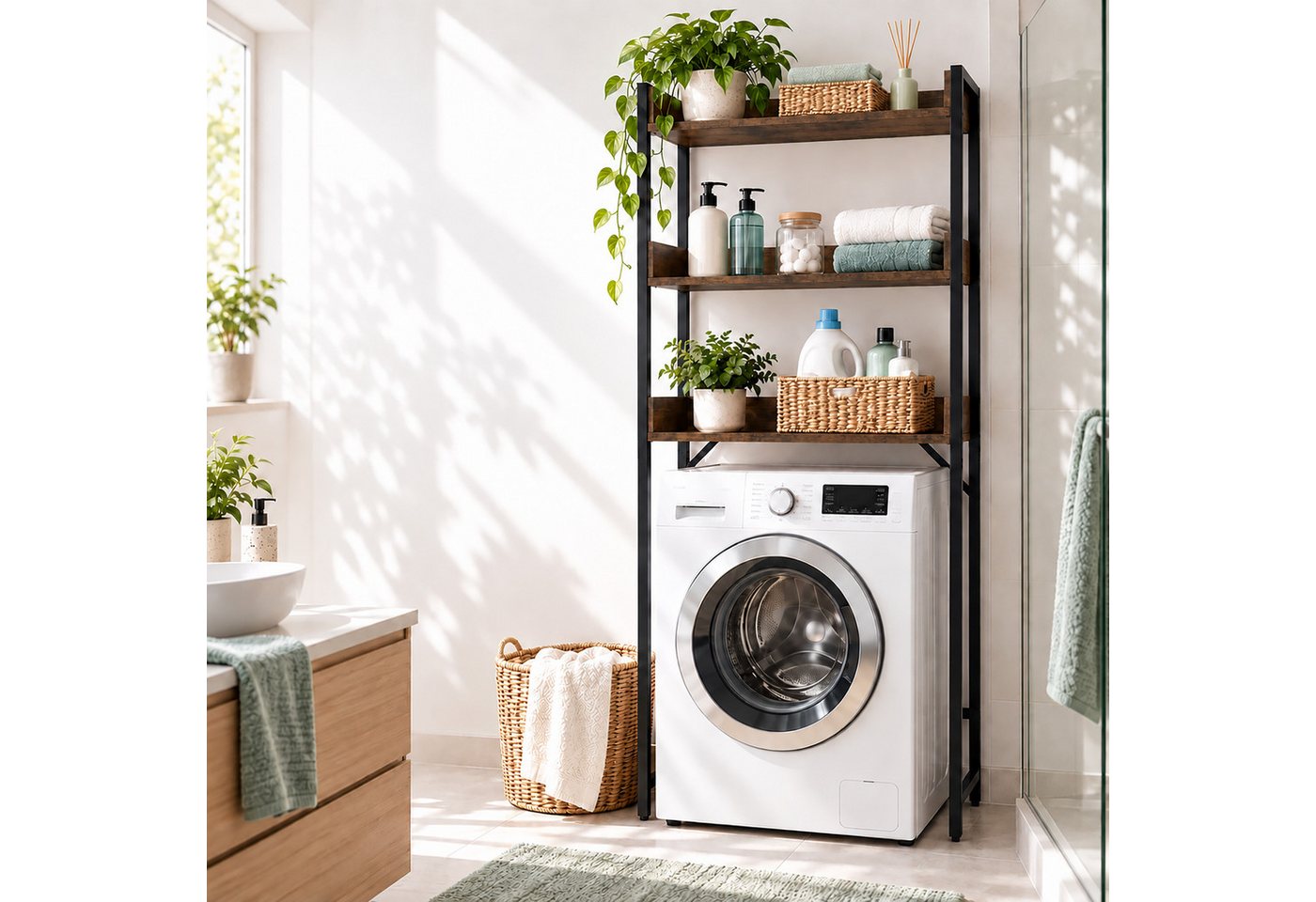 Relaxdays Waschmaschinenregal, 3 Fächer, Regal Über Waschmaschine, Trockner, Toilette, Hbt 166x63x25 Cm, Braun/schwarz Bild 5