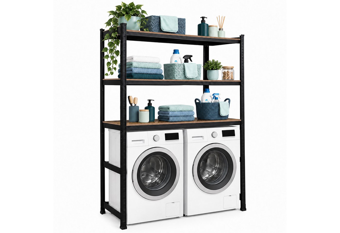 Relaxdays Waschmaschinenregal, Hxbxt: 180 X 130 X 40 Cm, 3 Böden, 600 Kg, Stahl, Mdf, Stecksystem, Regal, Schwarz/braun