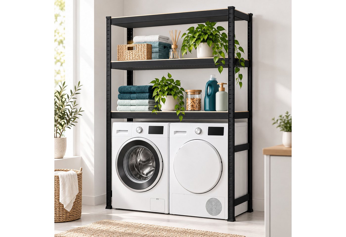 Relaxdays Waschmaschinenregal, Hxbxt: 180 X 130 X 40 Cm, 3 Böden, 600 Kg, Stahl, Mdf, Stecksystem, Regal, Schwarz/braun Bild 3
