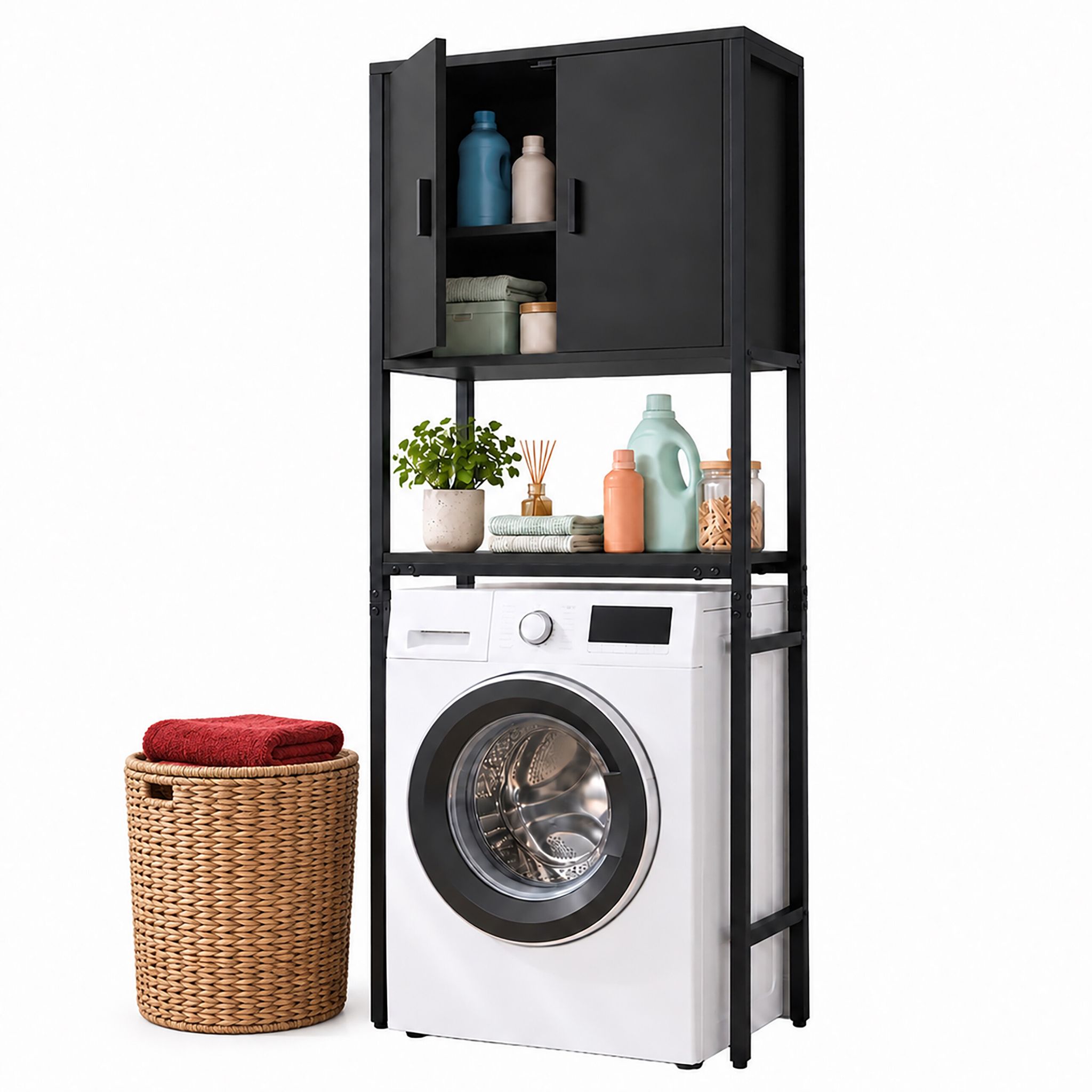 Relaxdays Waschmaschinenschrank, 3 Fächer, Regal Über Waschmaschine, Trockner, Toilette, Hxbxt: 170x64x27 Cm, Schwarz