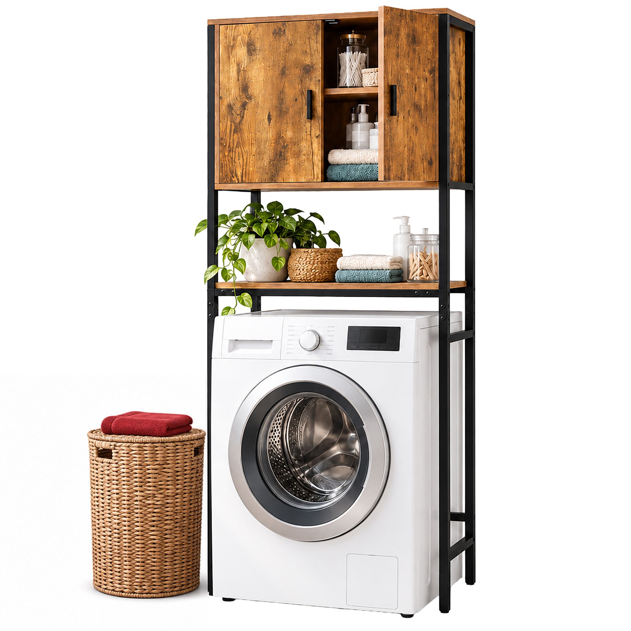 Relaxdays Waschmaschinenschrank, 3 Fächer, Regal Über Waschmaschine, Trockner, Toilette, Hbt 170x64x27 Cm, Braun/schwarz
