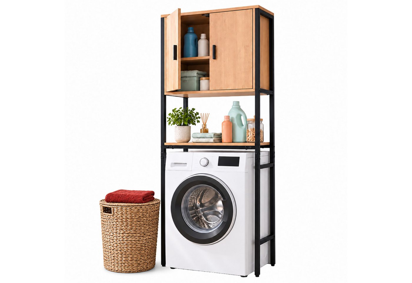 Relaxdays Waschmaschinenschrank, 3 Fächer, Regal Über Waschmaschine, Trockner, Toilette, Hbt 170x64x27 Cm, Schwarz/natur Bild 2