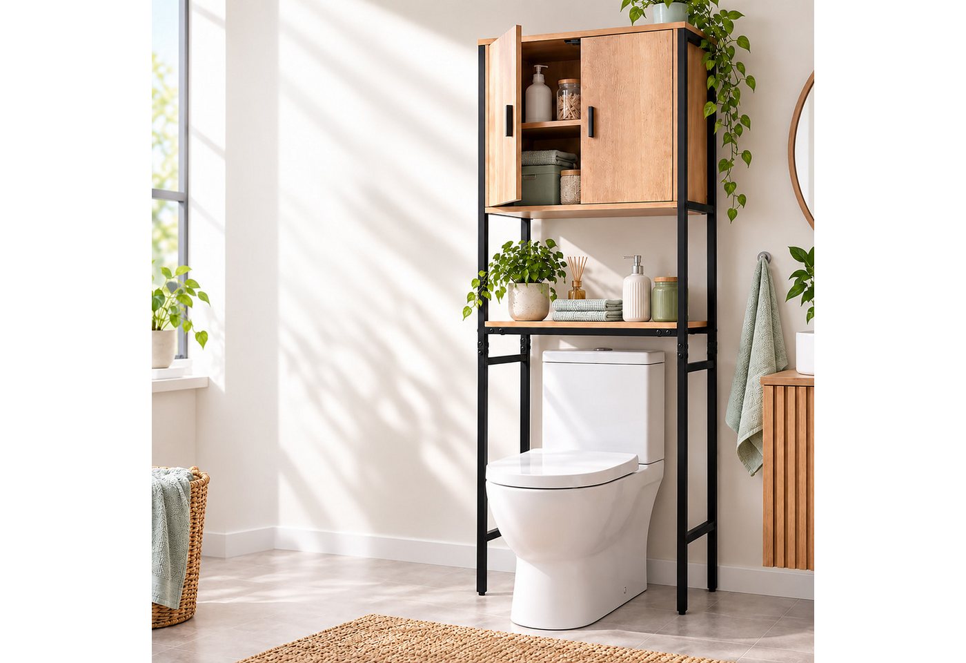 Relaxdays Waschmaschinenschrank, 3 Fächer, Regal Über Waschmaschine, Trockner, Toilette, Hbt 170x64x27 Cm, Schwarz/natur Bild 3