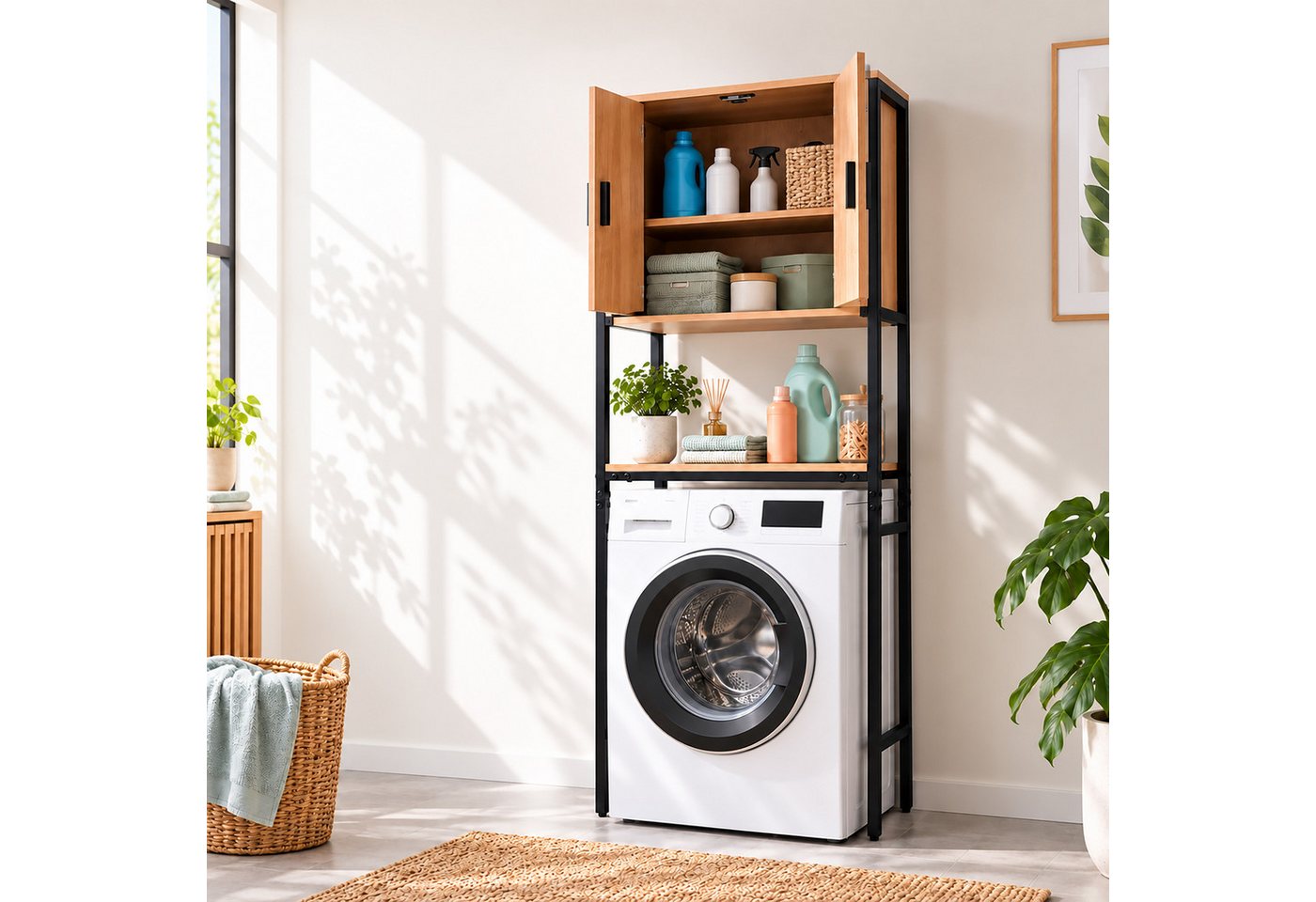 Relaxdays Waschmaschinenschrank, 3 Fächer, Regal Über Waschmaschine, Trockner, Toilette, Hbt 170x64x27 Cm, Schwarz/natur Bild 5