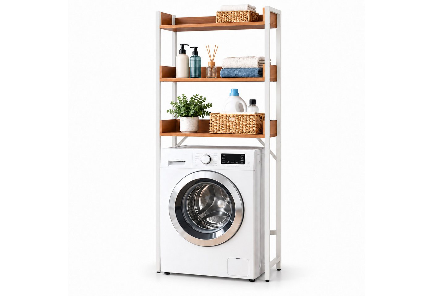Relaxdays Waschmaschinenregal, 3 Fächer, Regal Über Waschmaschine, Trockner, Toilette, Hbt 166x63x25 Cm, Natur/weiß