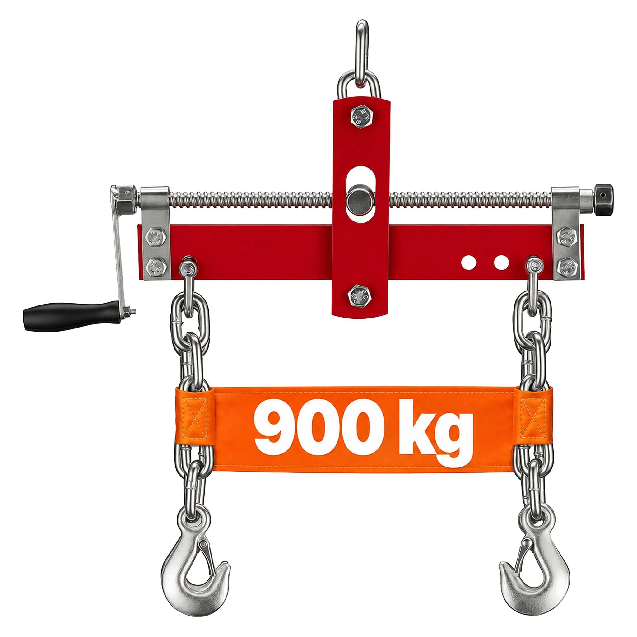 Relaxdays Motor Balancierer, Werkstattkran, Bis 900 Kg, Stufenloser Spindelantrieb, 4 Ketten, Positionierer, Rot/silber