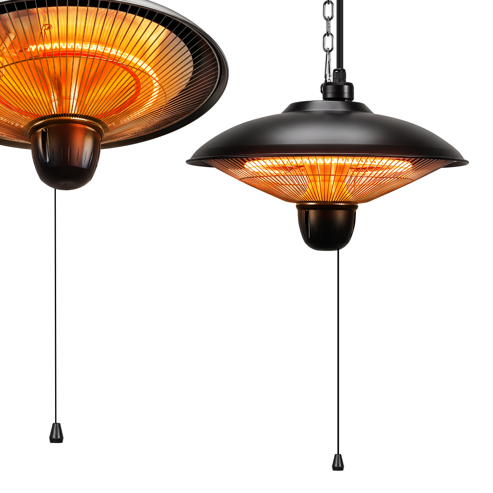 Tolletour Infrarot‑hängeheizstrahler 600/1200/1800 W, Kohlefaser‑heizelement, Zugschalter, 3 Heizstufen, Schwarz