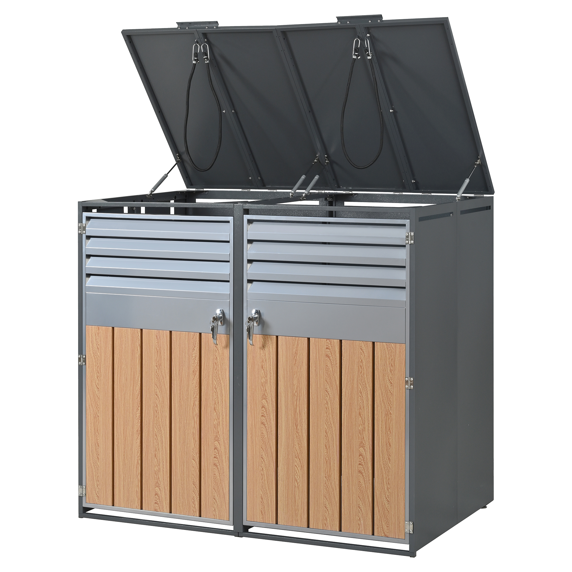 Elvmi Mülltonnenbox Doppel Mit Hydraulikdeckeln, Abschließbaren Türen Und Lüftungsschlitzen, Stahl Grau Holzoptik
