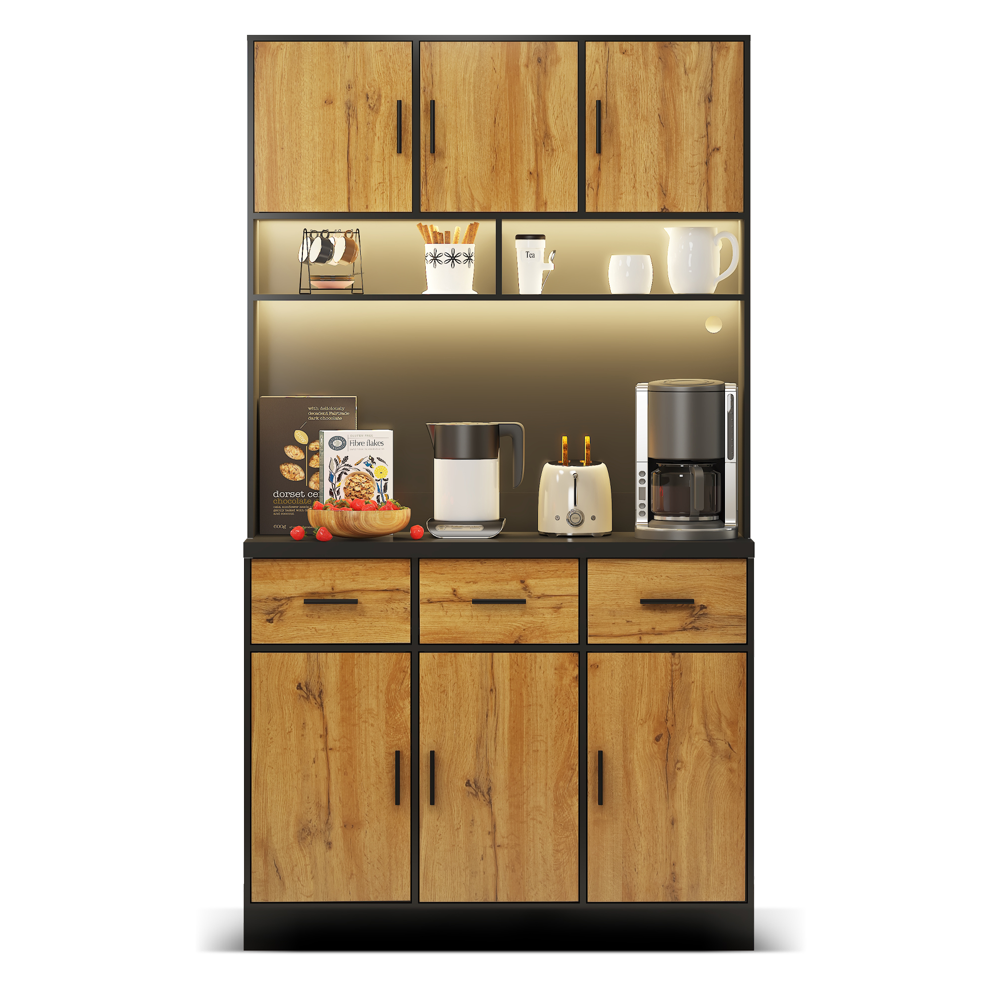 Elvmi Hoher Küchenschrank 6 Türen 3 Schubladen Led Und Usb-anschlüsse Für Küche Aus Mdf 100 X 40 X 180 Cm Schwarz Natur