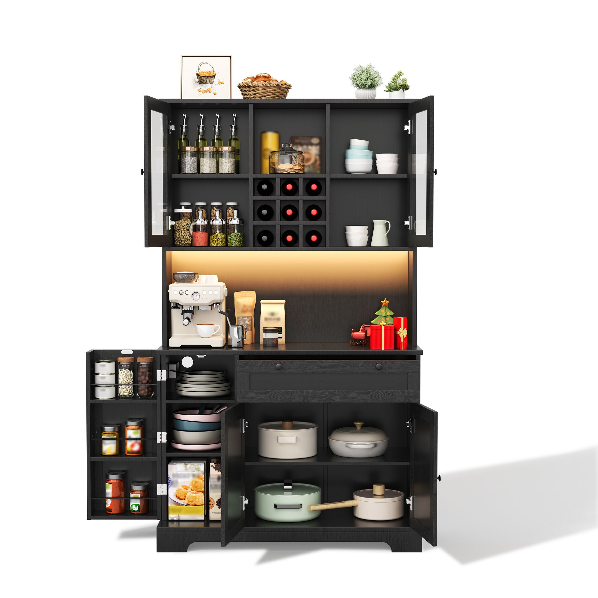 Elvmi Küchen-hochschrank Mit 5 Türen, 1 Schublade, Led Und Steckdosen, Für Küche, Aus Mdf Schwarz, 105 X 40 X 180 Cm